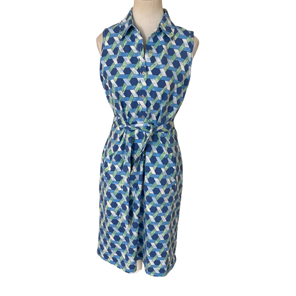 J. McLaughlin Dolly sleeveless shirt Dress Belted Size Medium Preppy Blue Tennis